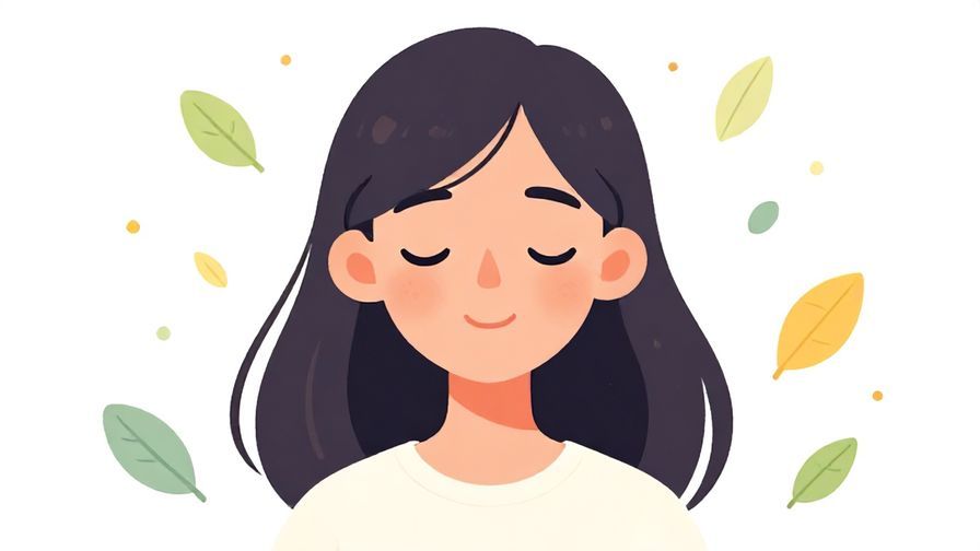 Illustration of a calm character with a soft smile, surrounded by floating leaves and soft dots, soothing colors