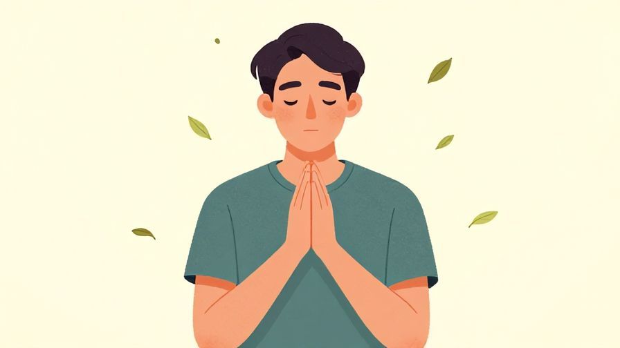 Illustration of a calm character with hands folded politely, soft pastel background with floating leaves
