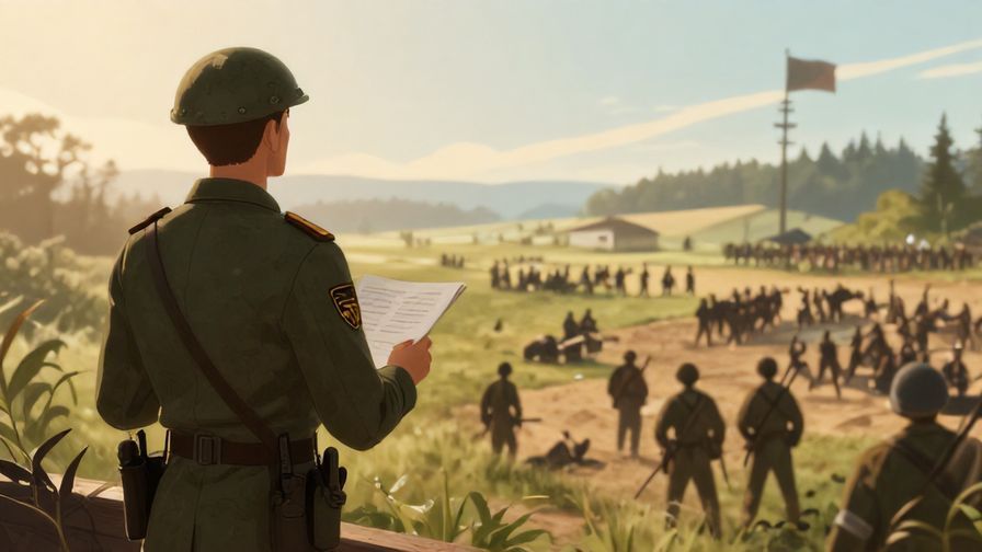 Illustration of a calm commander overlooking a battlefield, planning strategically, early morning light