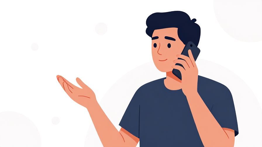 Illustration of a calm, composed person on the phone, gesturing gently to wait, background with soft dots and abstract shapes