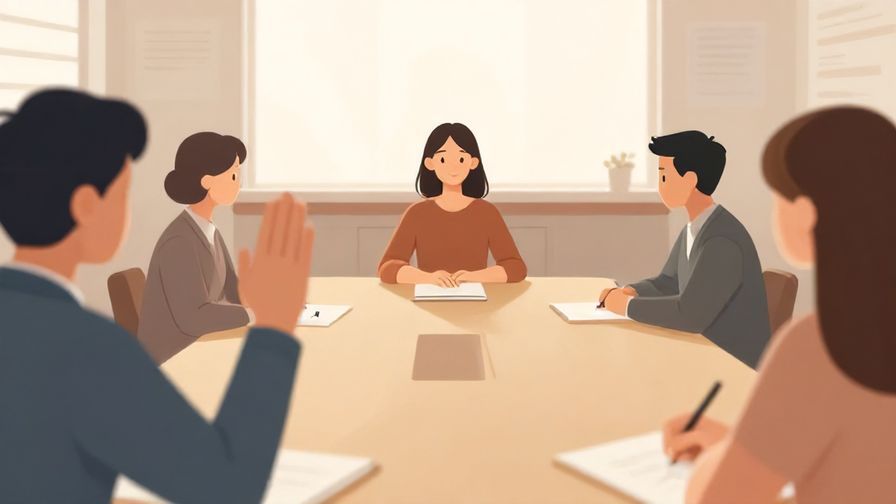 Illustration of a calm conference room with a person gently raising hand, soft natural lighting
