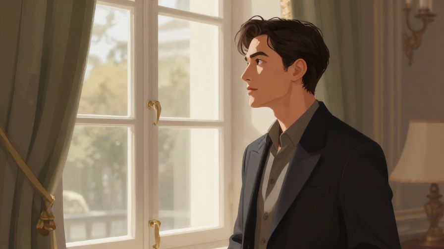 Illustration of a calm, dignified person reflecting by a window with soft natural light, elegant setting