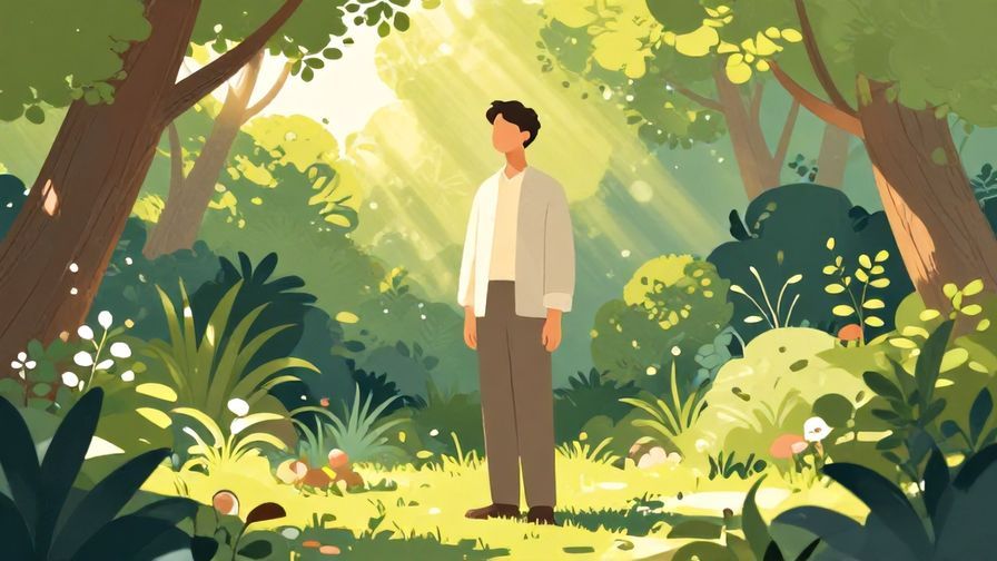 Illustration of a calm, dignified person standing tall in a serene garden, sunlight filtering through leaves