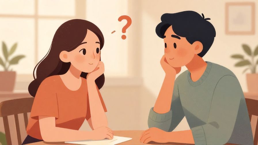 Illustration of a calm discussion between two people, one asking a question with interest, soft indoor lighting