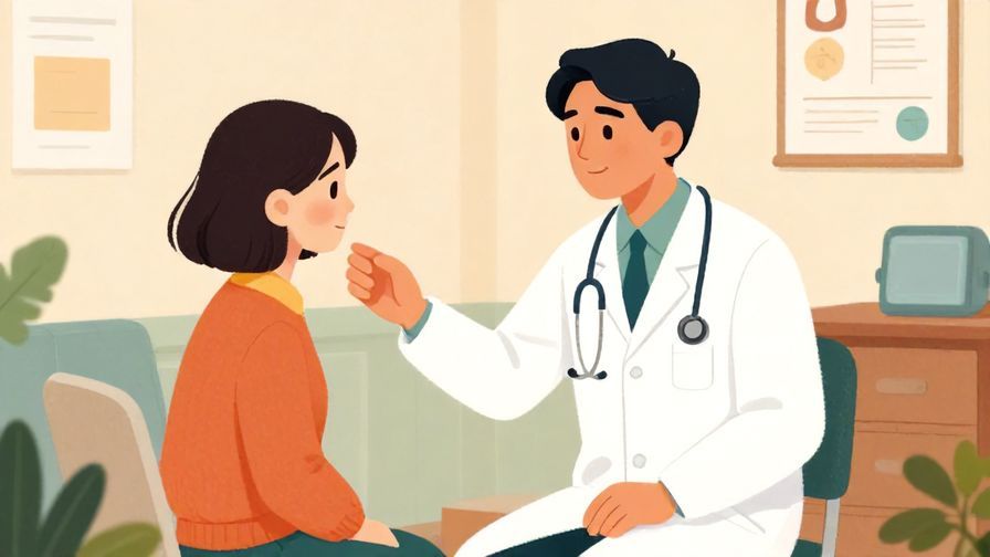 Illustration of a calm doctor gently speaking with a patient in a softly lit clinic room, warm atmosphere, vibrant colors, illustrated style