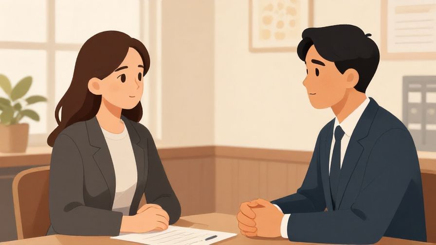 Illustration of a calm formal room with two people talking seriously, one listening attentively, warm but professional atmosphere, illustrated style