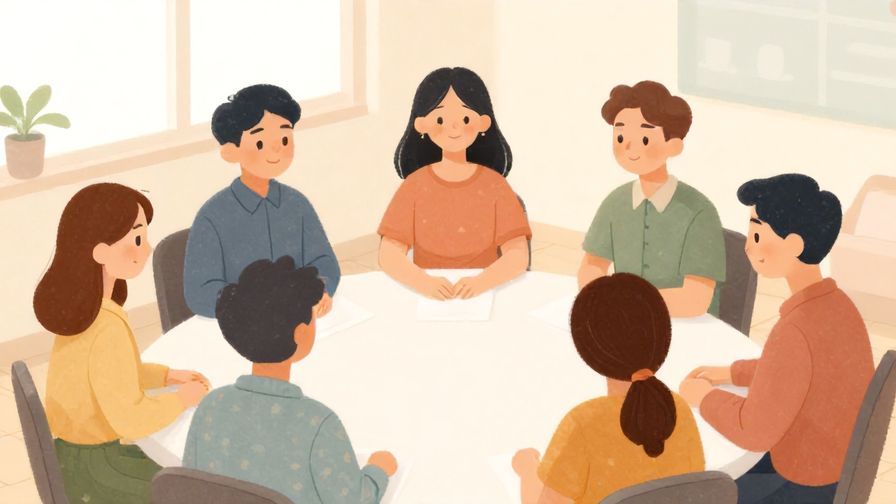 Illustration of a calm group of people gathered around a table, ready to start a meeting or activity, soft pastel tones