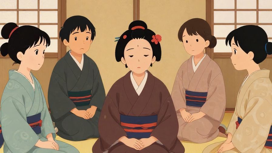Illustration of a calm group suddenly tense due to one person’s expression, traditional Japanese setting