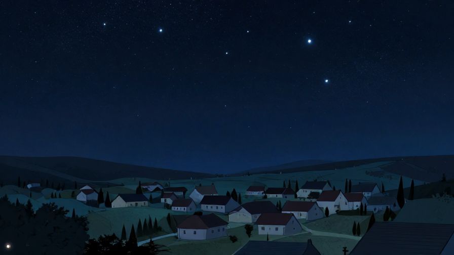 Illustration of a calm night sky with stars shining over a quiet village, symbolizing divine observation and karmic justice, serene colors