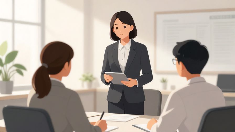 Illustration of a calm office environment with a manager gently advising an employee, soft daylight, professional atmosphere