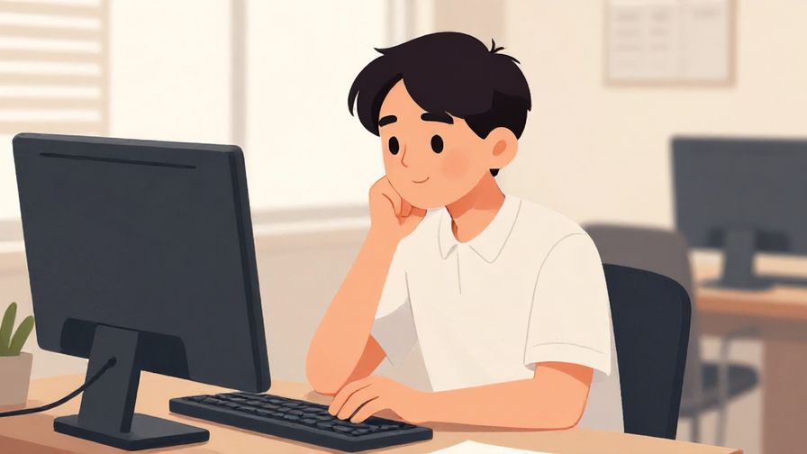 Illustration of a calm office environment with a person typing on a computer, thoughtful and polite expression, soft lighting