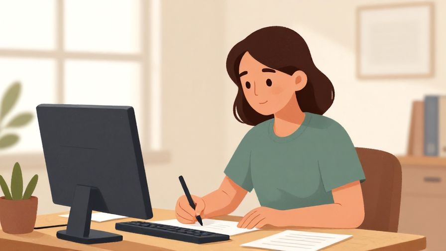 Illustration of a calm office environment with a person writing a polite email, soft warm colors, illustrated style