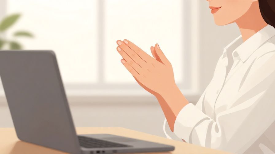 Illustration of a calm office setting, a person politely gesturing “please” with hands together, soft lighting, professional but friendly vibe