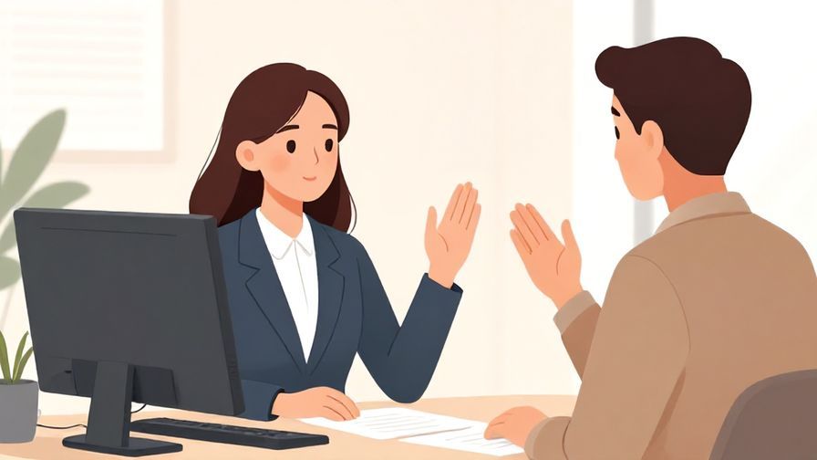 Illustration of a calm office setting, a polite person raising a hand gently to ask for calm, professional atmosphere with soft colors