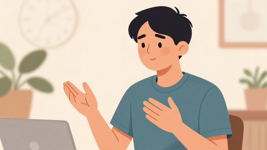Illustration of a calm person explaining something with gentle hand gestures, soft background, indoor setting, illustrated style