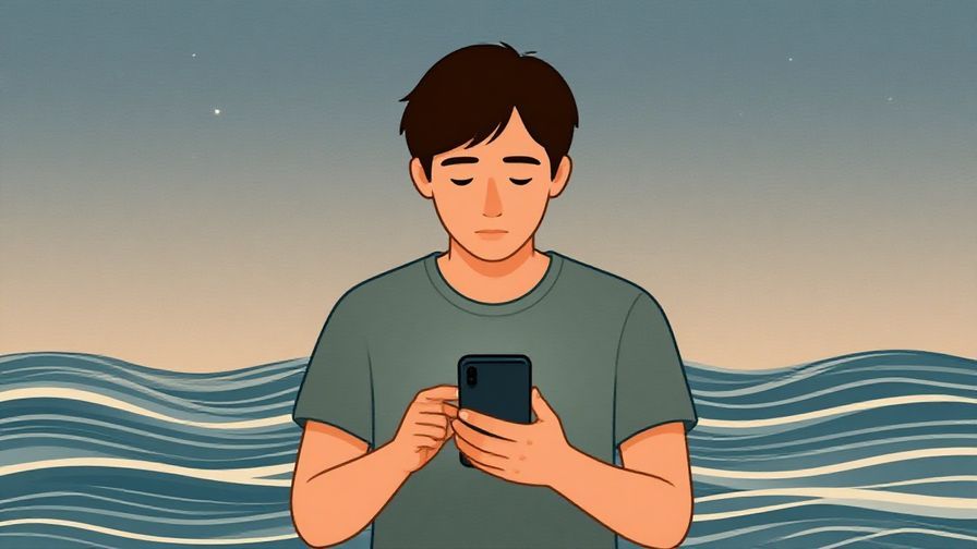 Illustration of a calm person holding a phone and gesturing to stay put, soft background with gentle waves and stars