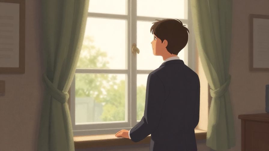 Illustration of a calm person in formal clothes looking thoughtfully out a window, soft natural light flooding the room