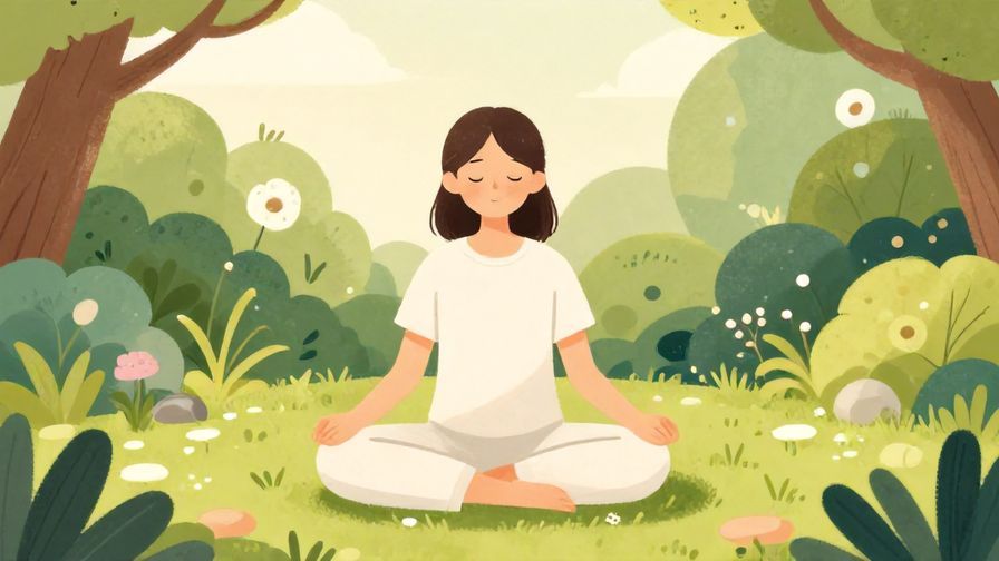 Illustration of a calm person meditating in a tranquil garden, soft natural light, peaceful mood