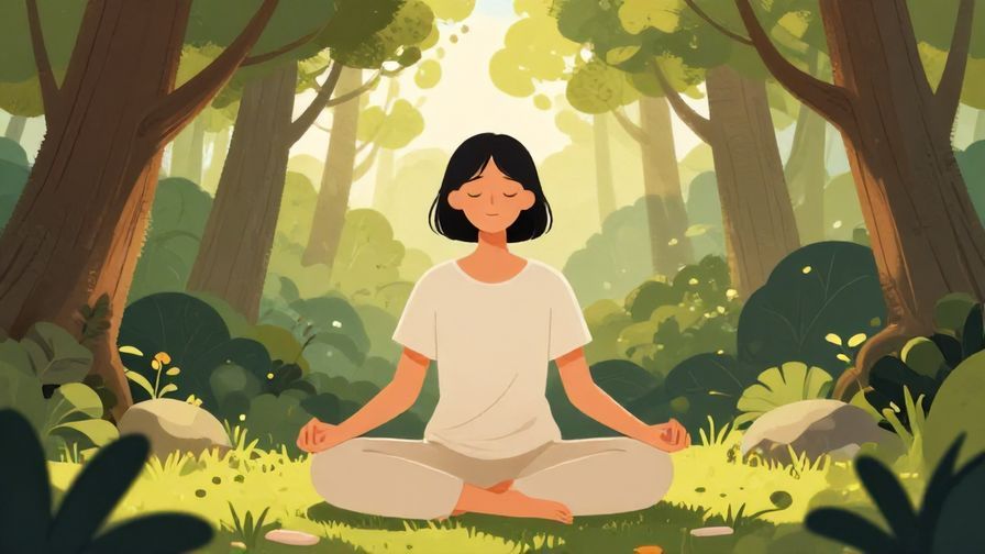 Illustration of a calm person meditating in nature, serene expression with soft light filtering through trees