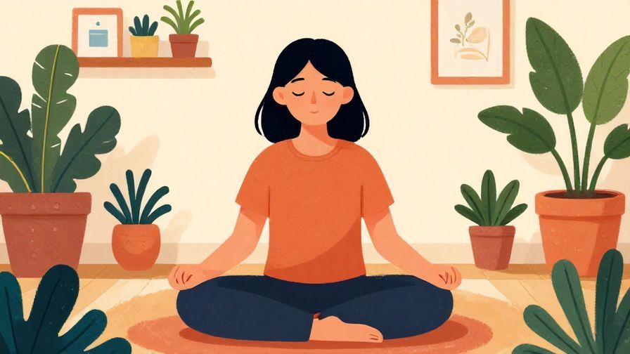 Illustration of a calm person meditating or taking deep breaths in a quiet room with plants, detailed background, vibrant colors, illustrated style