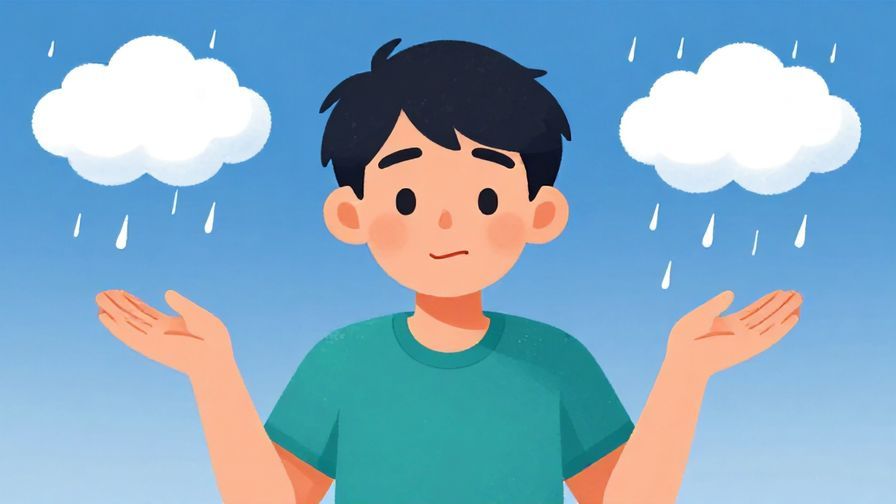 Illustration of a calm person shrugging with a gentle smile under rainy clouds, symbolizing acceptance of uncontrollable fate, vibrant colors, illustrated style