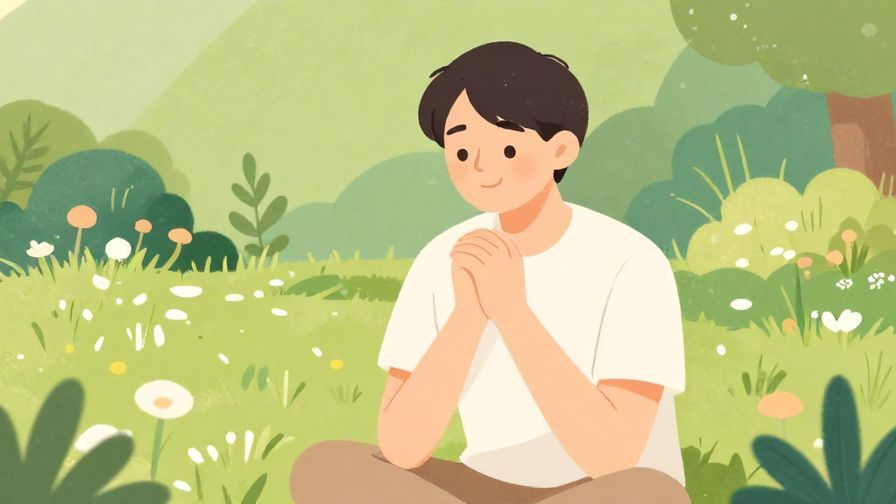 Illustration of a calm person sitting in a serene garden, hands folded with a gentle smile, pastel tones