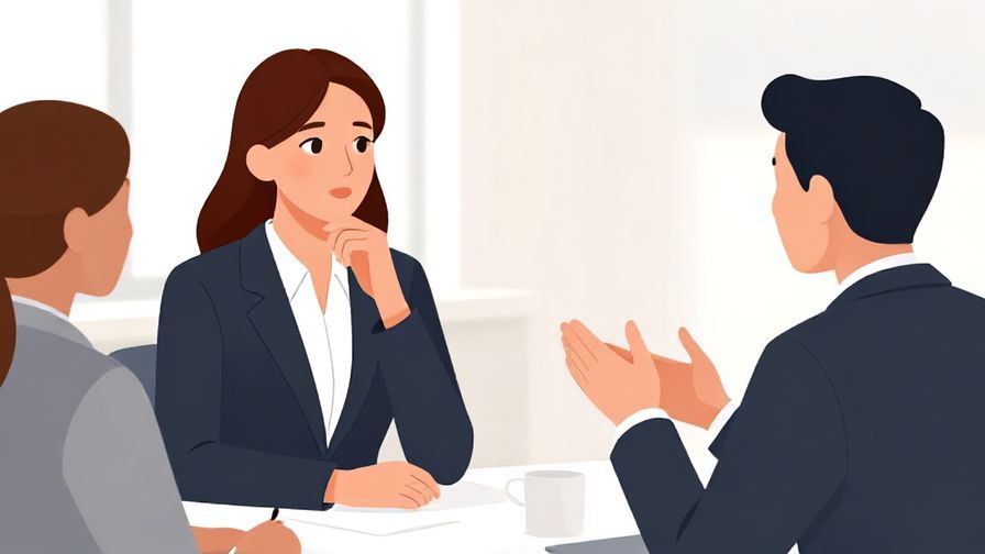 Illustration of a calm person speaking thoughtfully with a respectful gesture in a business meeting, formal attire, illustrated style