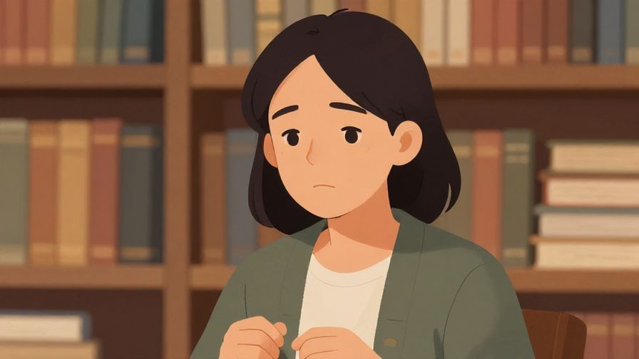 Illustration of a calm person speaking with a gentle yet serious expression, soft indoor setting with bookshelves