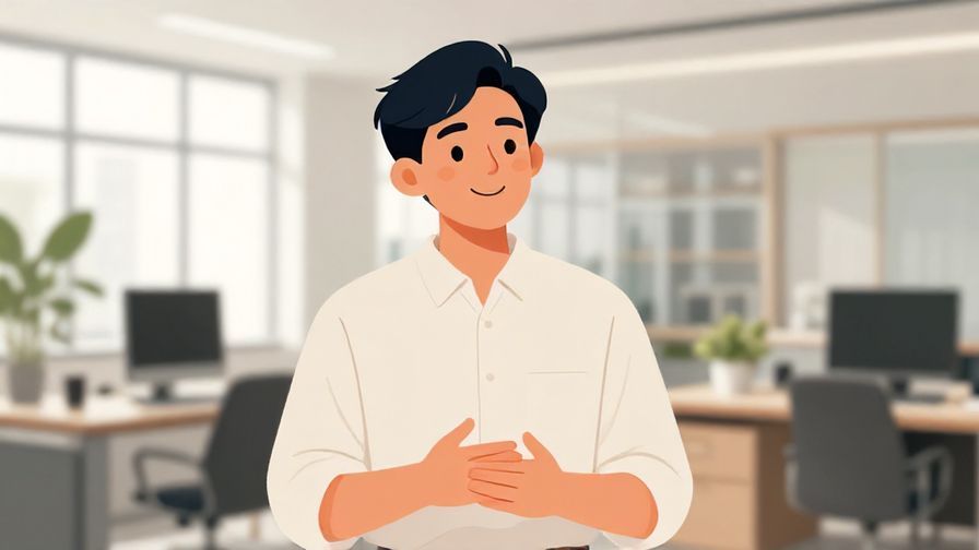 Illustration of a calm person speaking with a reassuring smile, modern office background with natural light, illustrated style