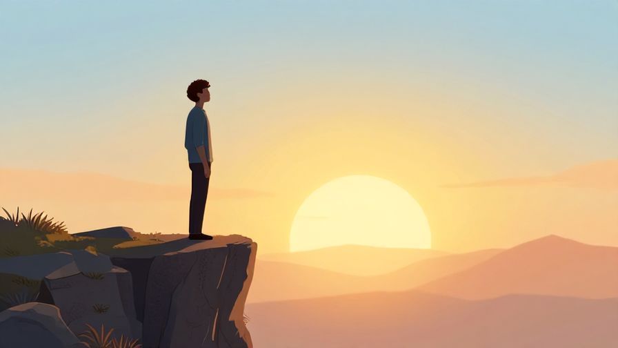 Illustration of a calm person standing on a cliff overlooking a sunrise, symbolizing strength and clarity, bright and inspiring colors