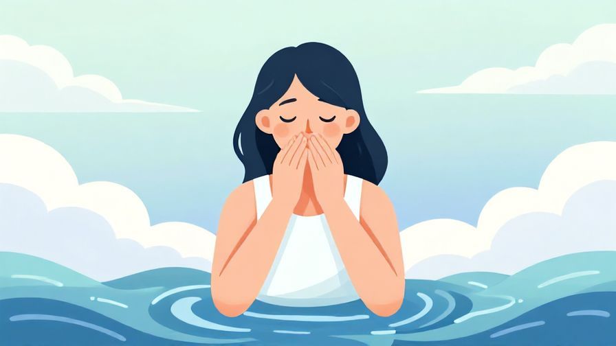 Illustration of a calm person taking a deep breath, surrounded by soft clouds and gentle waves, serene colors