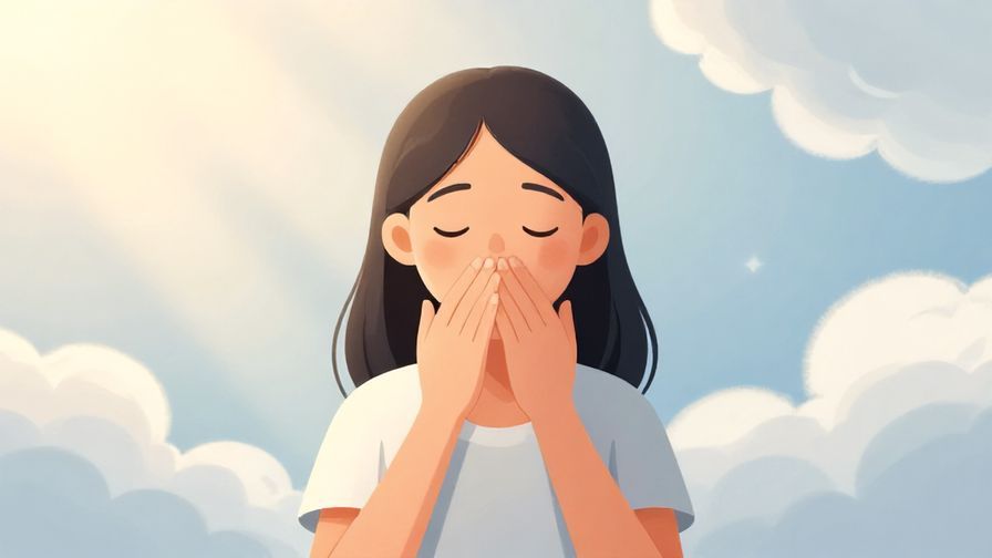 Illustration of a calm person taking deep breaths with a soft, gentle background of clouds and light rays