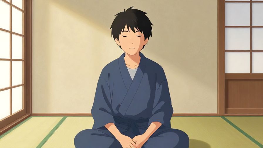 Illustration of a calm person with a composed face, sitting in a minimalist Japanese room with soft daylight, detailed background, vibrant colors, illustrated style