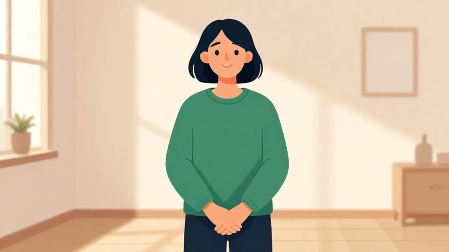 Illustration of a calm person with a satisfied smile, hands folded in front, standing in a minimalist room with soft sunlight, vibrant colors, illustrated style