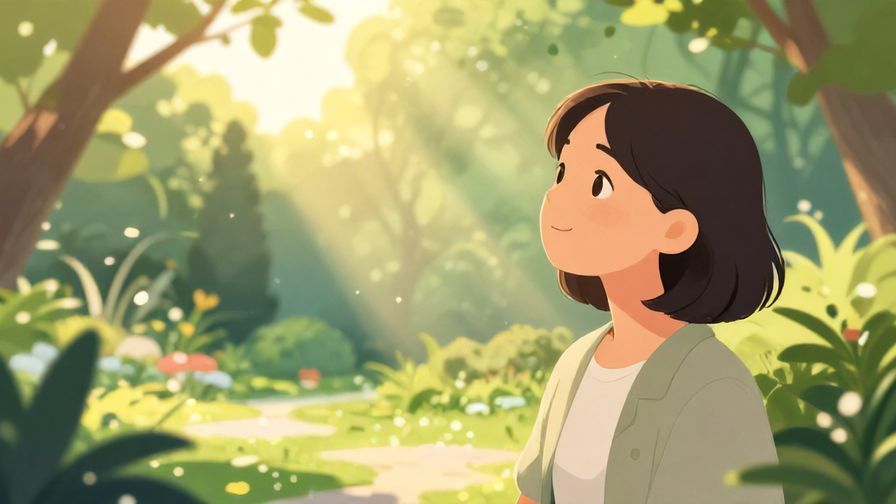 Illustration of a calm person with a soft smile looking out at a serene garden, gentle sunlight filtering through trees