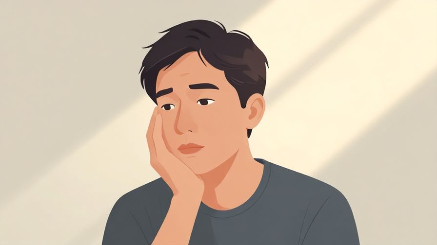 Illustration of a calm person with a thoughtful expression, soft light rays background, subtle colors