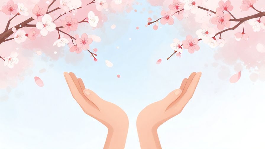 Illustration of a calm person with hands open peacefully, cherry blossoms falling, soft pastel background