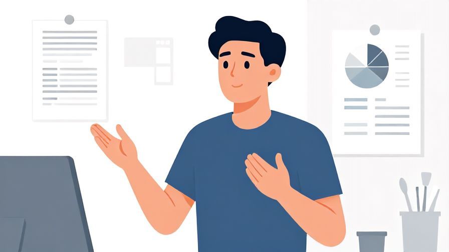 Illustration of a calm professional explaining something with hand gestures, office background with charts and papers
