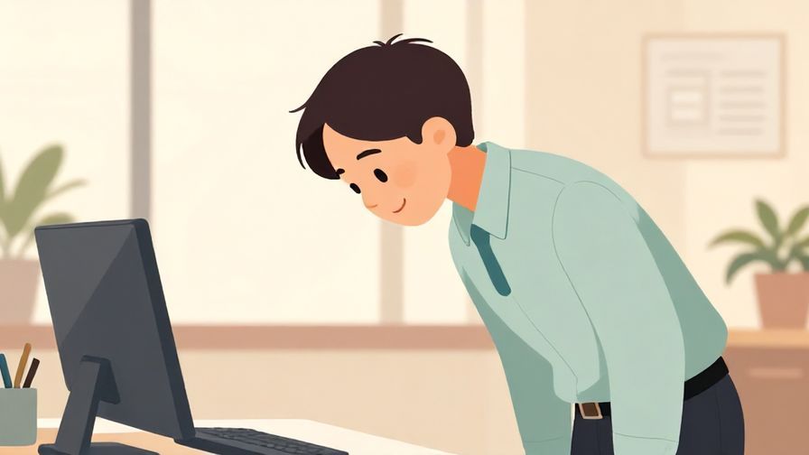 Illustration of a calm professional person bowing slightly with a warm smile in a serene office background, pastel colors, illustrated style