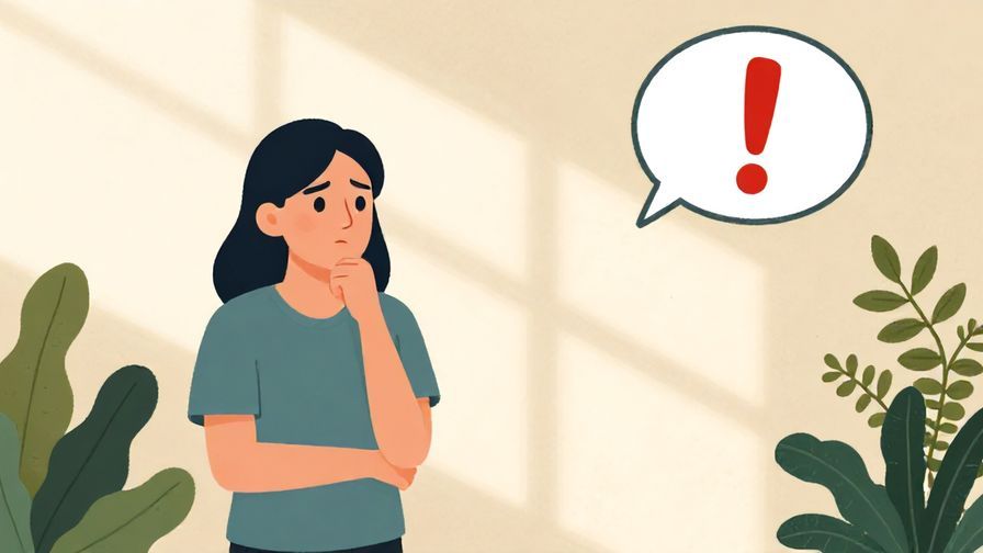 Illustration of a calm scene with a concerned person pointing out danger, indoor setting with plants and sunlight