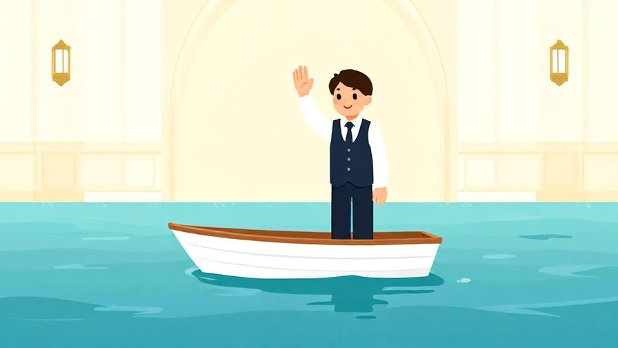 Illustration of a calm sea with a small boat gently floating, a polite character gesturing a stop sign, elegant indoor background