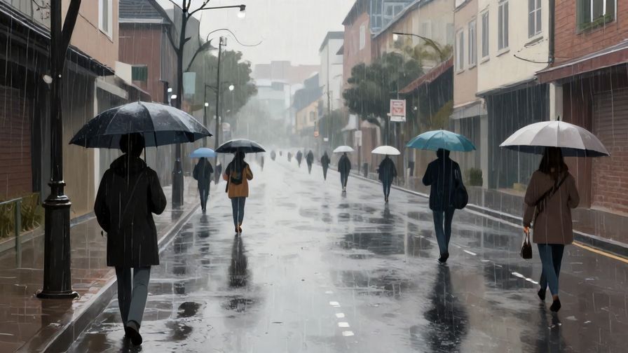 Illustration of a calm street with ongoing rain, puddles expanding, and people walking under umbrellas in overcast light