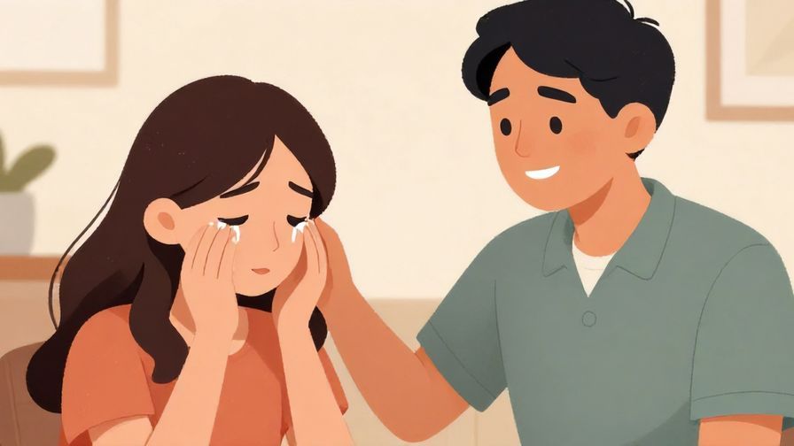 Illustration of a calm, supportive person offering a reassuring smile to a teary friend against a soft indoor background, polite atmosphere, illustrated style