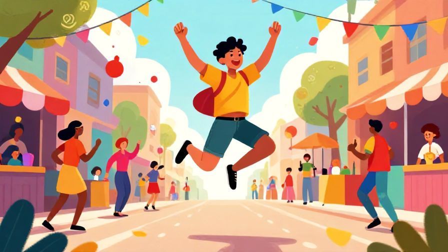 Illustration of a carefree person jumping joyfully in a colorful street festival, playful and spontaneous mood