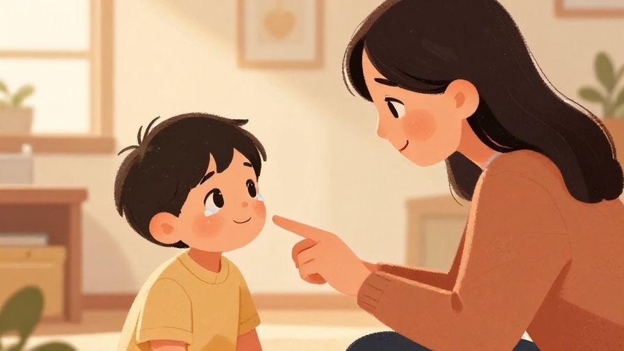 Illustration of a caring adult softly shaking finger at a child, who looks a bit teary but smiling, cozy home interior, warm light, illustrated style