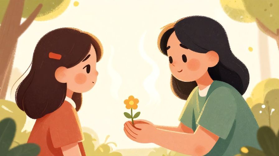 Illustration of a caring character handing a small flower to a sad friend with warm sunlight and gentle breeze, soft colors and friendly atmosphere