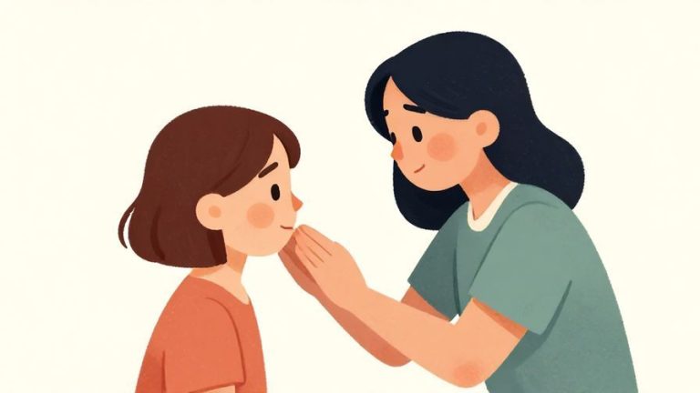 Illustration of a caring person gently asking another person if they are okay, soft gentle background, warm colors, illustrated style