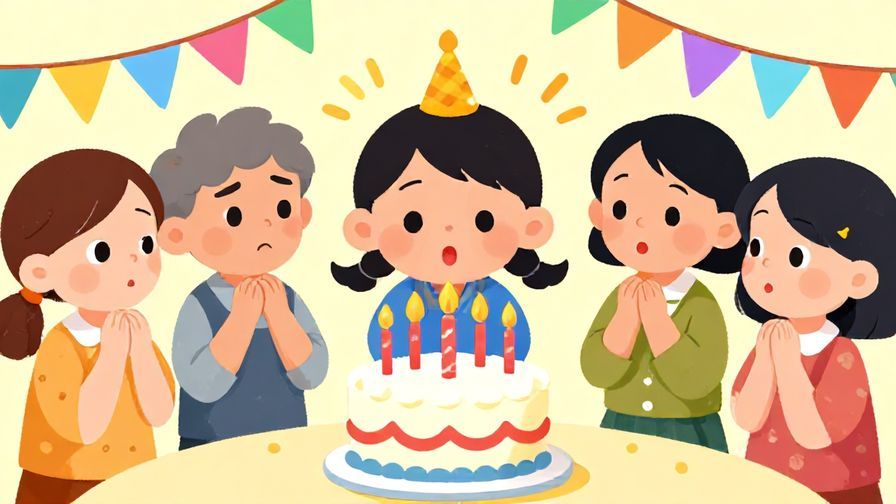 Illustration of a cartoon character blowing out a candle on a birthday cake, while others look disappointed, colorful party background