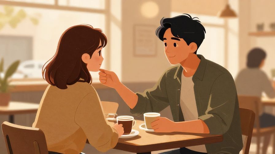 Illustration of a casual café scene, one person advising another with a gentle but firm expression, warm lighting