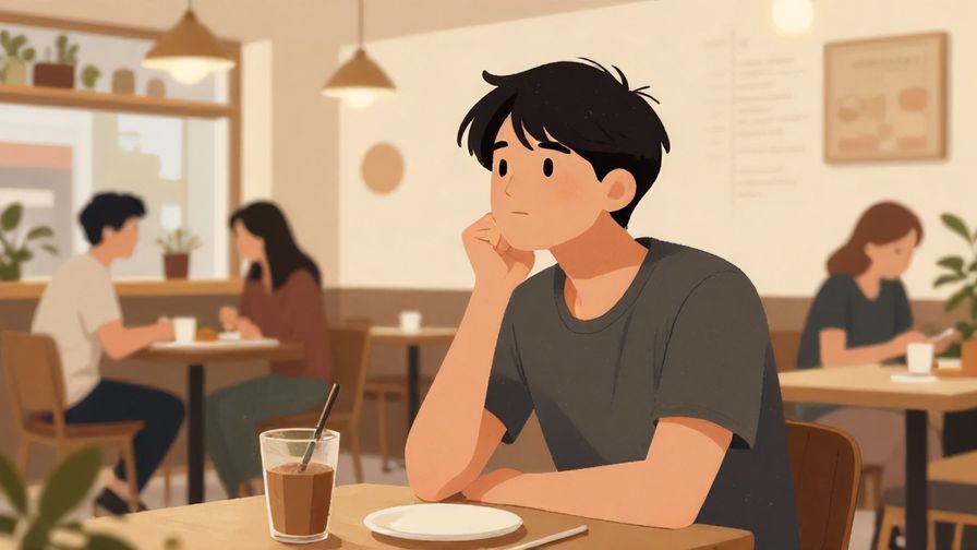 Illustration of a casual cafe scene, person looking thoughtfully while asking a question, informal and cozy atmosphere